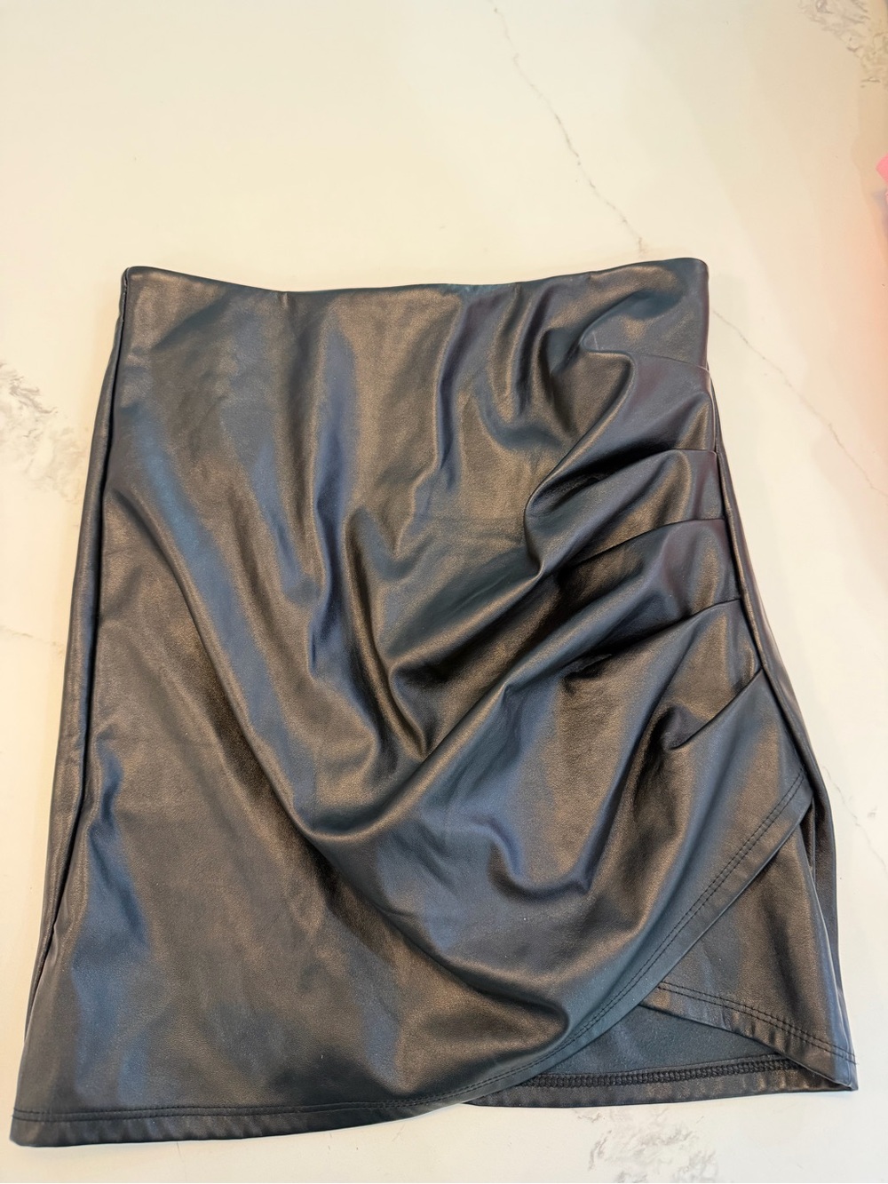 Faux Leather Black Ruched Mini Skirt - size S 17” long